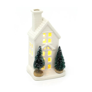 White Ceramic LED Christmas House with Trees Ornament | Light up Decoration 15cm