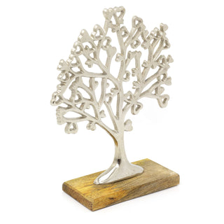 Small Elegant Silver Metal Tree Of Love Ornament On Mango Wood Base - 26.5cm