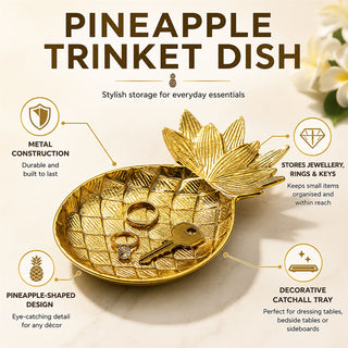 Pineapple Trinket Dish, 28cm Gold Metal Jewellery Ring Tray Catchall Dish Decor