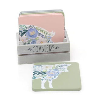 Pastel Coloured Wooden Drinks Coasters - Floral Farm Animal Design