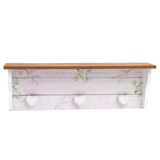 Wooden Storage Shelf with Botanical Motifs and Heart Shaped Coat Pegs