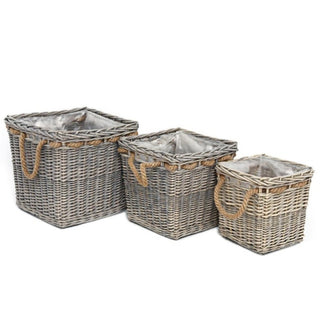 Set of 3 Cube Shaped Wicker Storage Baskets with Rope Handles