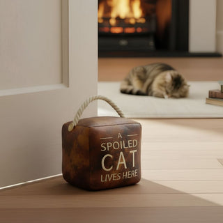 A Spoiled Cat Lives Here Doorstop, 16cm Novelty Slogan Door Stop Rope Handle
