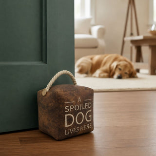A Spoiled Dog Lives Here Doorstop, 16cm Novelty Slogan Door Stop Rope Handle