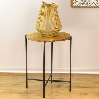 Round Acacia Wood Side Table | Black Metal End Table For Living Room - 40x48cm