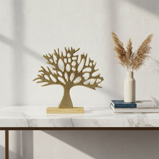 Tree of Life Ornament, 24cm Gold Metal Tree Sculpture on Mango Wood Base