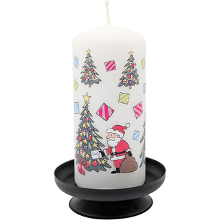 Christmas Trees Pillar Candle | Festive Candle with Colourful Santa Design 13cm