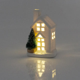 Mini White Ceramic LED Christmas House with Trees Ornament | Light up Decoration