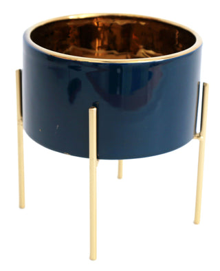 Small Gold Lined Ceramic Cache Plant Pot Planter With Stand