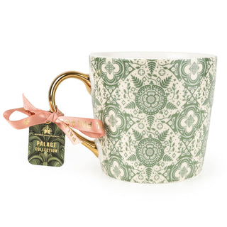 Tudor Rose Mug, 330ml Green Ceramic Tea Mug with Gold-Coloured Handle
