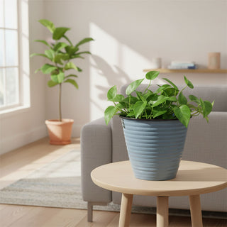 Blue Ribbed Metal Plant Pot, 26cm Round Outdoor Flower Pot, Planter for Garden