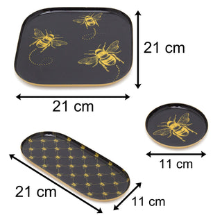 Set Of 3 Black and Gold Bee Display Tray Candle Trays | 3 Piece Metal Trinket Tray Jewellery Dish | Display Dish Set