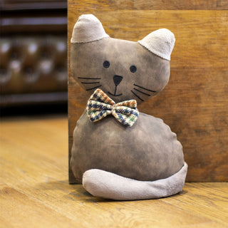 Faux Leather Cat Doorstop | Tartan Bow Cat Doorstopper Animal Doorstop - 1.5kg