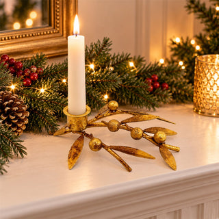 Antique Gold Sprig & Berry Candle Holder, Gisela Graham Christmas 17cm