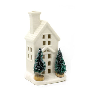 White Ceramic LED Christmas House with Trees Ornament | Light up Decoration 15cm