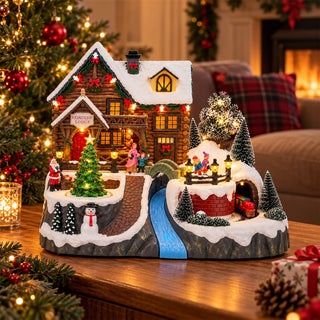 LED Christmas Reindeer Lodge Snow Scene with Movement and Music, 35cm Wide