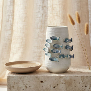 3D Fish Ceramic Vase 21.5cm White Blue Coastal Nautical Decor for Faux Stems