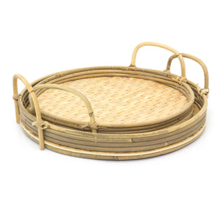 Set Of 2 Bamboo Serving Tray | 2 Piece Round Wooden Tray With Handles | Kitchen Tea Coffee Tray Breakfast Tray
