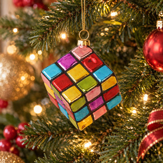 Rubiks Cube Christmas Tree Decoration | Gisela Graham Glass Novelty Bauble 5.5cm