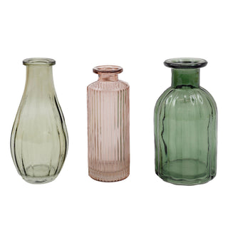 Set of 3 Mini Boho Glass Vases | Green & Pink Bud Vases for Home Styling