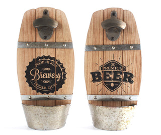 Wooden Wall Mounted Beer Barrel Keg Bottle Opener With Cap Catcher Home Bar Accessory ~ Design Vary