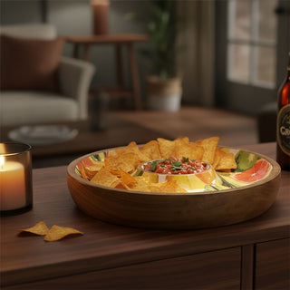 Citrus Chip and Dip Serving Platter, 30cm Wooden Round Serving Tray for Nibbles