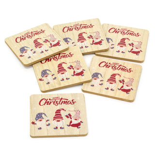 Set Of 6 Christmas Gonk Coasters | 6 Wooden Merry Christmas Coaster And Holder