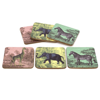 Set Of 6 Safari Animal Coasters | Jungle Wildlife Silhouette Drink Coasters Set | Retro Cup Mug Table Mats