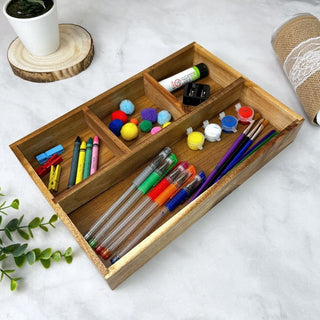 Acacia Wood Drawer Organiser | 4 - Compartment Storage for Home & Office – 30x20cm