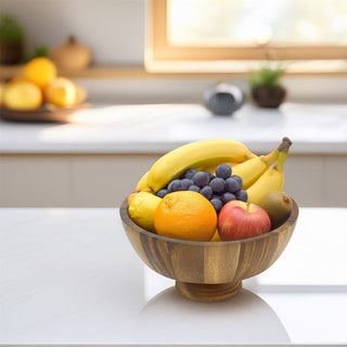 Acacia Wood Pedestal Fruit Bowl | 25cm Round Wooden Footed Kitchen Bowl