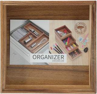Acacia Wood Storage Box | Stackable Square Organiser Tray for Drawers - 15x15cm