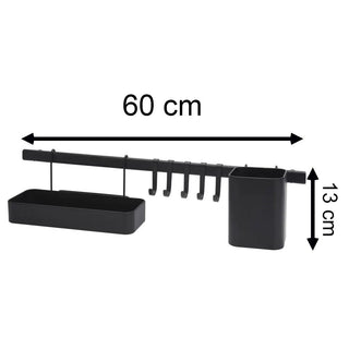 60cm Matte Black Metal Kitchen Wall Organiser | Wall Mounted Storage Bar With 5 Hooks Kitchen Utensils Holder And Spice Rack Shelf | 8 Piece Kitchen Storage Set