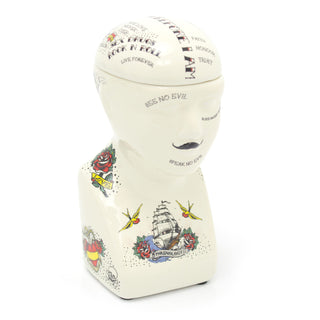 Ceramic Tattoo Phrenology Head Bust Ornament Storage Jar Pot - Novelty Phrenology Storage Head