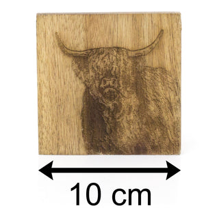 Set Of 4 Mango Wood Highland Cow Coasters | 4 Piece Rustic Coasters With Holder Cup Mug Table Mats | Wooden Square Drinks Coaster Set