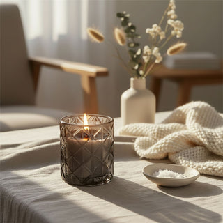 Woodsage & Sea Salt Scented Candle, 8cm Black Embossed Glass Jar, Single Wick