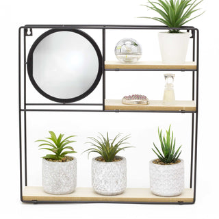 Black Industrial Style 3 Tier Wooden Shelves With Mirror | Double Shelf Rack Display Rack Organiser | Square Shelf Storage Unit