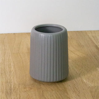 Contemporary Ridged Matt Grey Ceramic Toothbrush Holder | Bathroom Tumbler Caddy