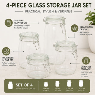 Airtight Set of 4 Glass Kitchen Food Storage Jars, Clear Glass Canister Set