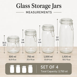 Airtight Set of 4 Glass Kitchen Food Storage Jars, Clear Glass Canister Set