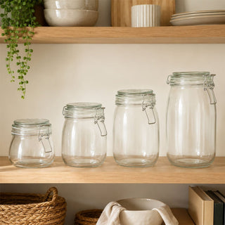 Airtight Set of 4 Glass Kitchen Food Storage Jars, Clear Glass Canister Set
