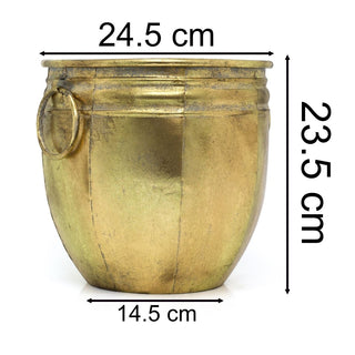 Antique Gold Metal Planter | Decorative Cauldron Plant Pot with Handles - 24cm