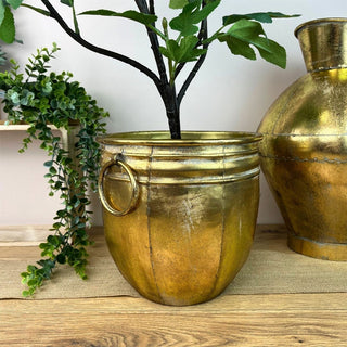 Antique Gold Metal Planter | Decorative Cauldron Plant Pot with Handles - 24cm
