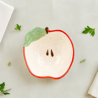 Apple Shaped Dish | Red Ceramic Apple Snack Bowl with Leaf Detail - 13cm