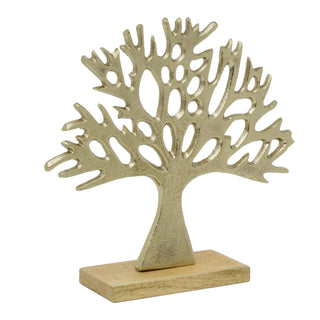 Tree of Life Ornament, 24cm Gold Metal Tree Sculpture on Mango Wood Base