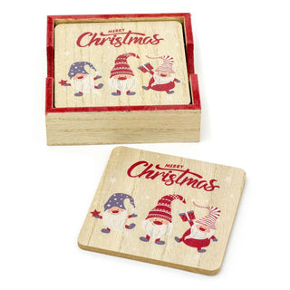 Set Of 6 Christmas Gonk Coasters | 6 Wooden Merry Christmas Coaster And Holder