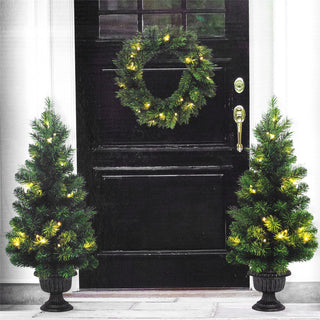 3 Piece Christmas Door Decoration 3ft Outdoor Pre Lit Christmas Tree Wreath Set | Porch LED Christmas Tree And Door Wreath | Outdoor Christmas Decorations