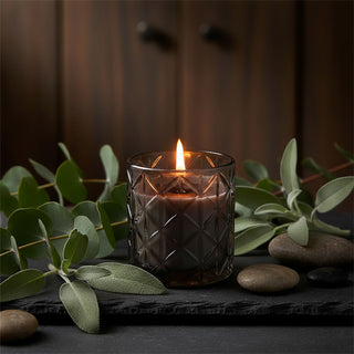 Woodsage & Sea Salt Scented Candle, 8cm Black Embossed Glass Jar, Single Wick