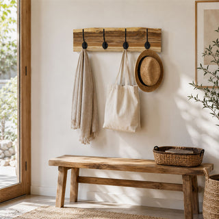Teak Wall Mounted Coat Rack, 50cm Wooden Wall Mounted Storage Rail 4 Metal Hooks