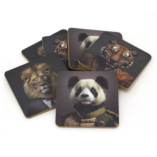 Set of 6 Jungle Animal Head Coasters | Safari Cork Backed Coaster Set - 10cm