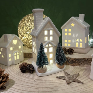 White Ceramic LED Christmas House with Trees Ornament | Light up Decoration 15cm